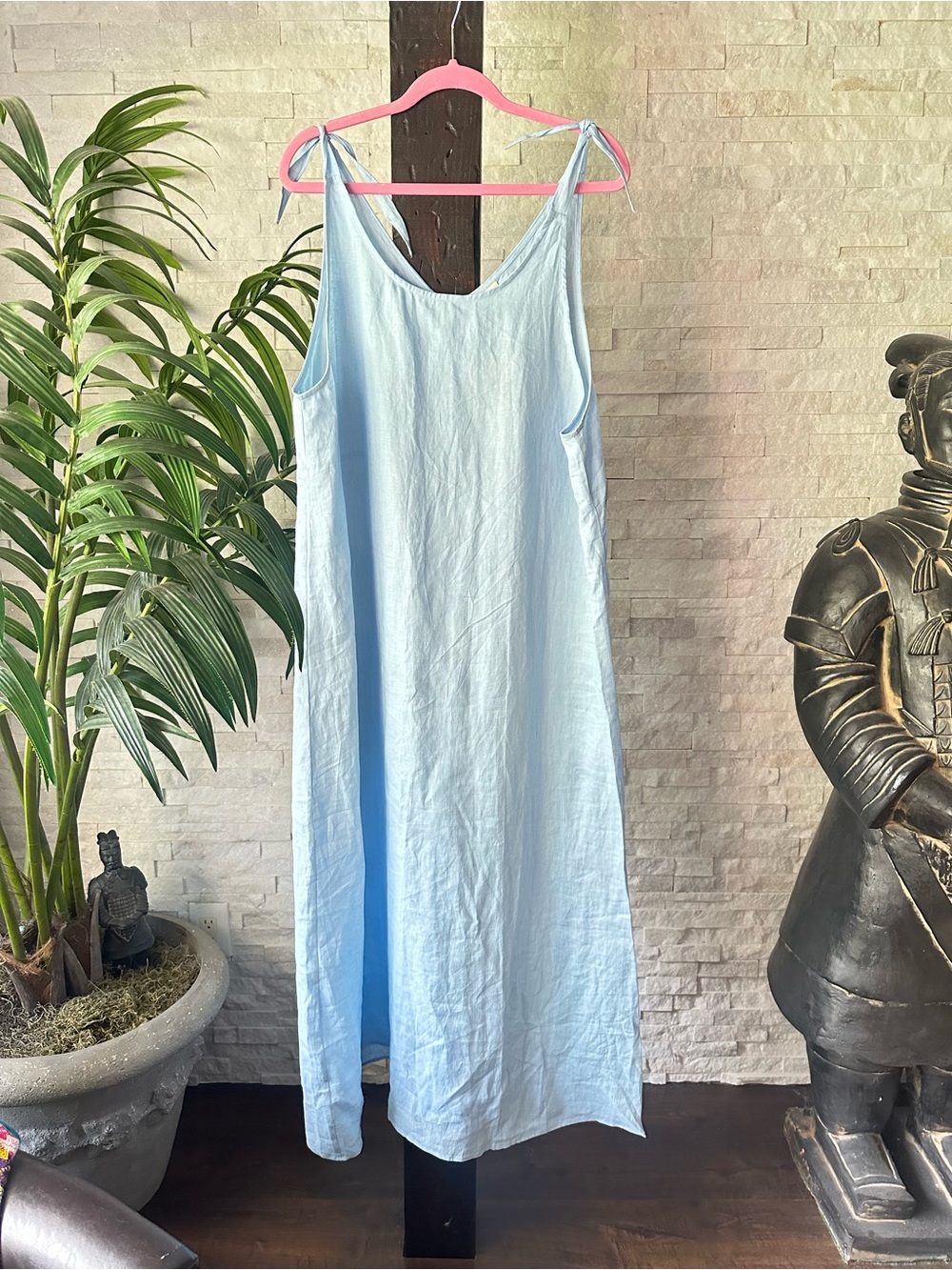 100% Linen Camisole QEARL Light Blue Tie-Shoulder Linen Dress Size XL New Tags